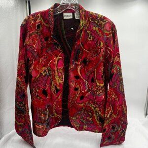Chico’s Open Front 100% Silk Red Long Sleeve Beaded Embroidered Jacket Sz 1=Med
